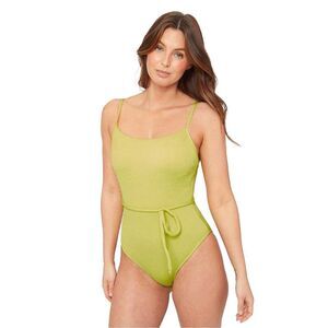 Be You Womens/Ladies Textured Belted One Piece Bathing Suit / Lime